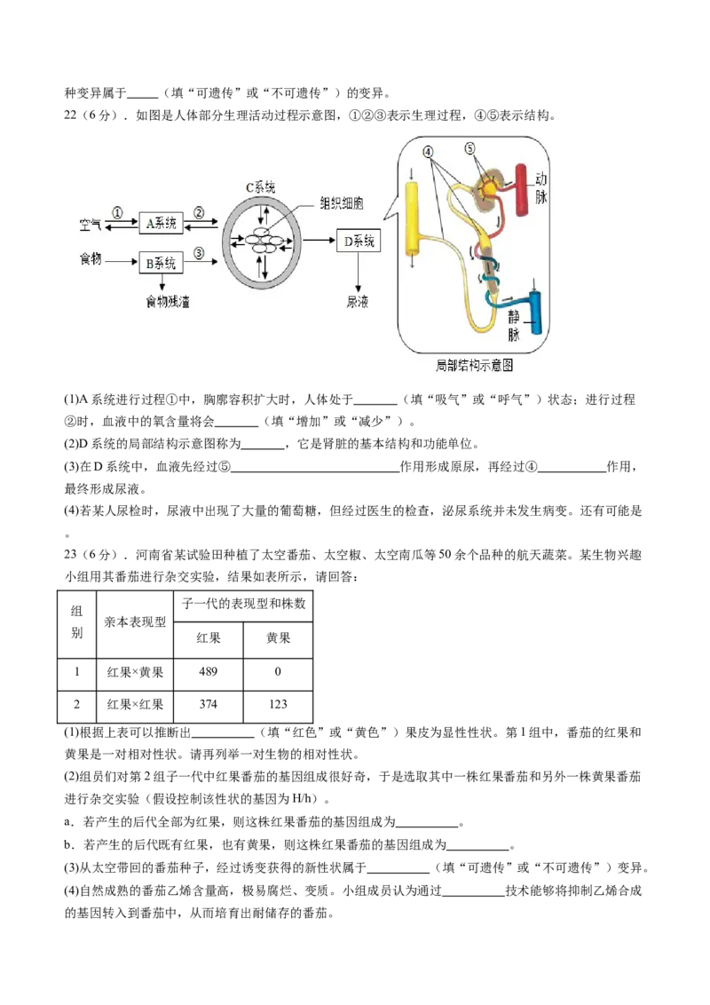 生物（河南卷）（考试版A4）_初中全科电子版试卷练习试题_生物_2024中考模拟题生物(1)_三模（37套）_生物（河南卷）