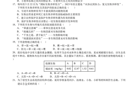 生物（无锡卷）（考试版A4）_初中全科电子版试卷练习试题_生物_2024中考模拟题生物(1)_三模（37套）_生物（无锡卷）