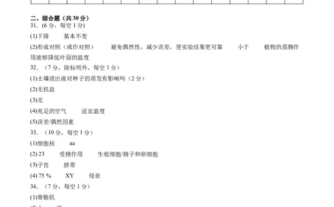 生物（新疆卷）（参考答案及评分标准）_初中全科电子版试卷练习试题_生物_2024中考模拟题生物(1)_二模_生物（新疆卷）-：2024年中考第二次模拟考试