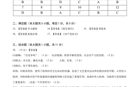 历史（贵州贵阳卷）（参考答案及评分标准）_初中全科电子版试卷练习试题_历史_2024中考模拟题历史(1)_二模_历史（贵州贵阳卷）-+：2024年中考第二次模拟考试