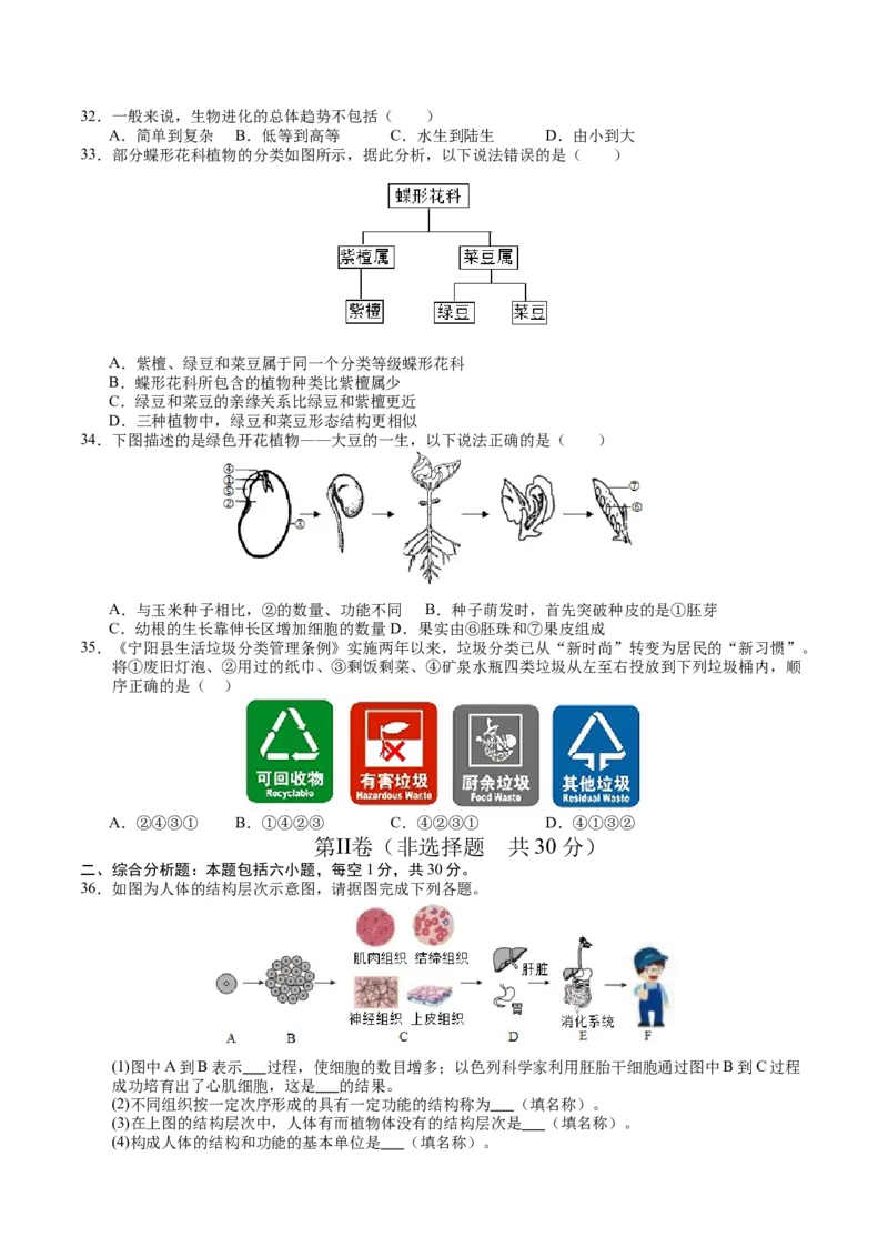 生物（扬州卷）（考试版A4）_初中全科电子版试卷练习试题_生物_2024中考模拟题生物(1)_二模_生物（扬州卷）-：2024年中考第二次模拟考试