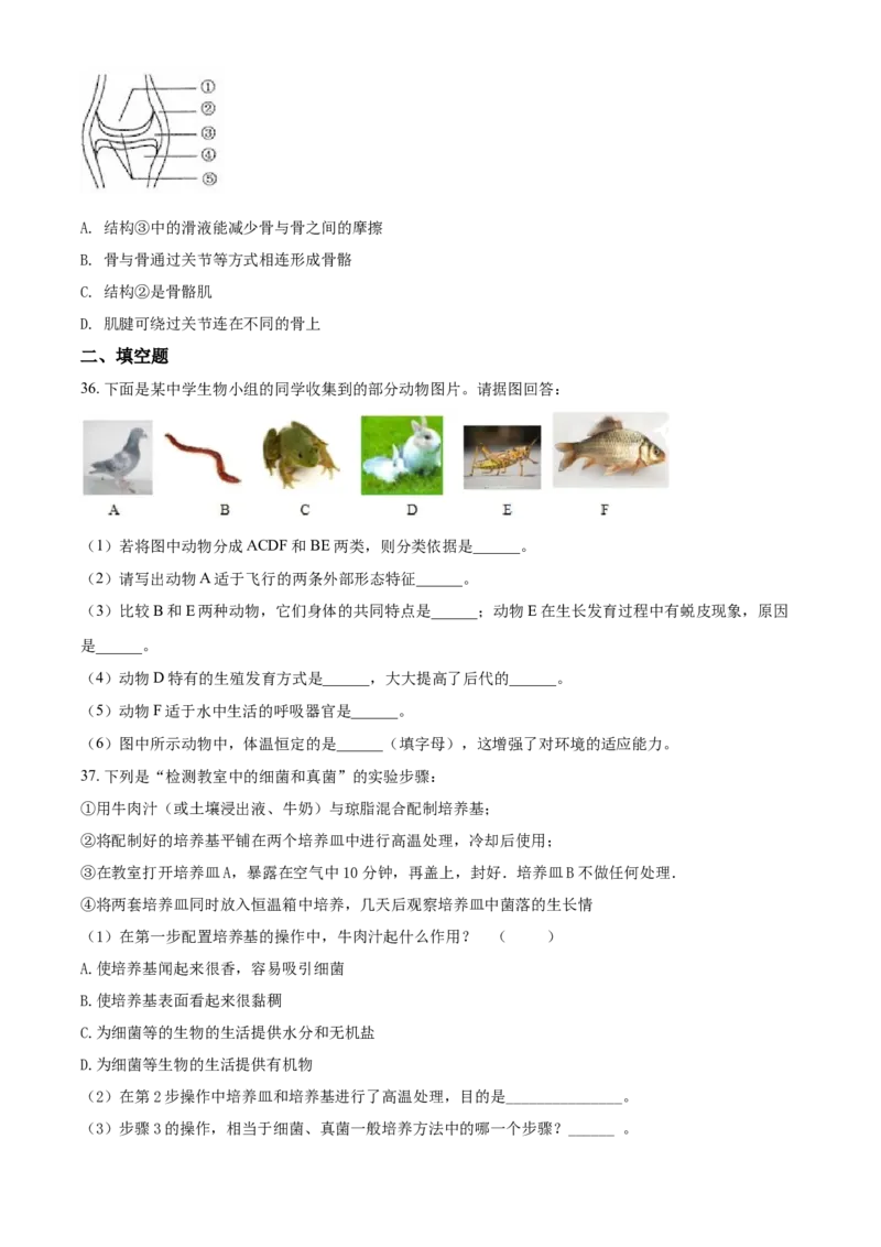 八年级9月月考生物试题（原卷版）_初中全科电子版试卷练习试题_生物_生物8下练习_人教生物8年级下月考试卷04份_月考试卷（第一套）