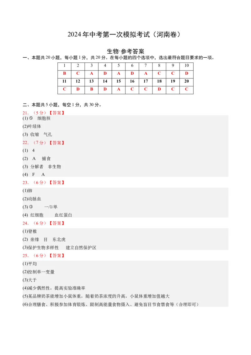生物（河南卷）（参考答案及评分标准）_初中全科电子版试卷练习试题_生物_2024中考模拟题生物(1)_一模_生物（河南卷）-2024年中考第一次模拟考试