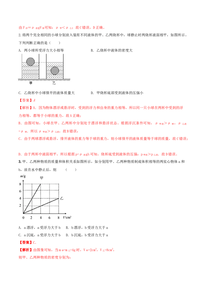 10.3物体的浮沉条件及应用（解析版）-2020-2021学年八年级下册物理精讲精练（人教版）_初物_人教版初中物理初二三同步讲义习题练习八九年级电子资料word素材_20250116_181533