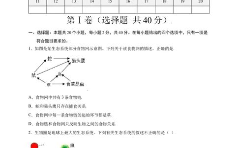 第1单元（第2章）了解生物圈（选拔卷）（人教版）（原卷版）_初中全科电子版试卷练习试题_生物_生物人教版7上练习&mdash;24新版已更新_人教生物7年级上单元试卷36份