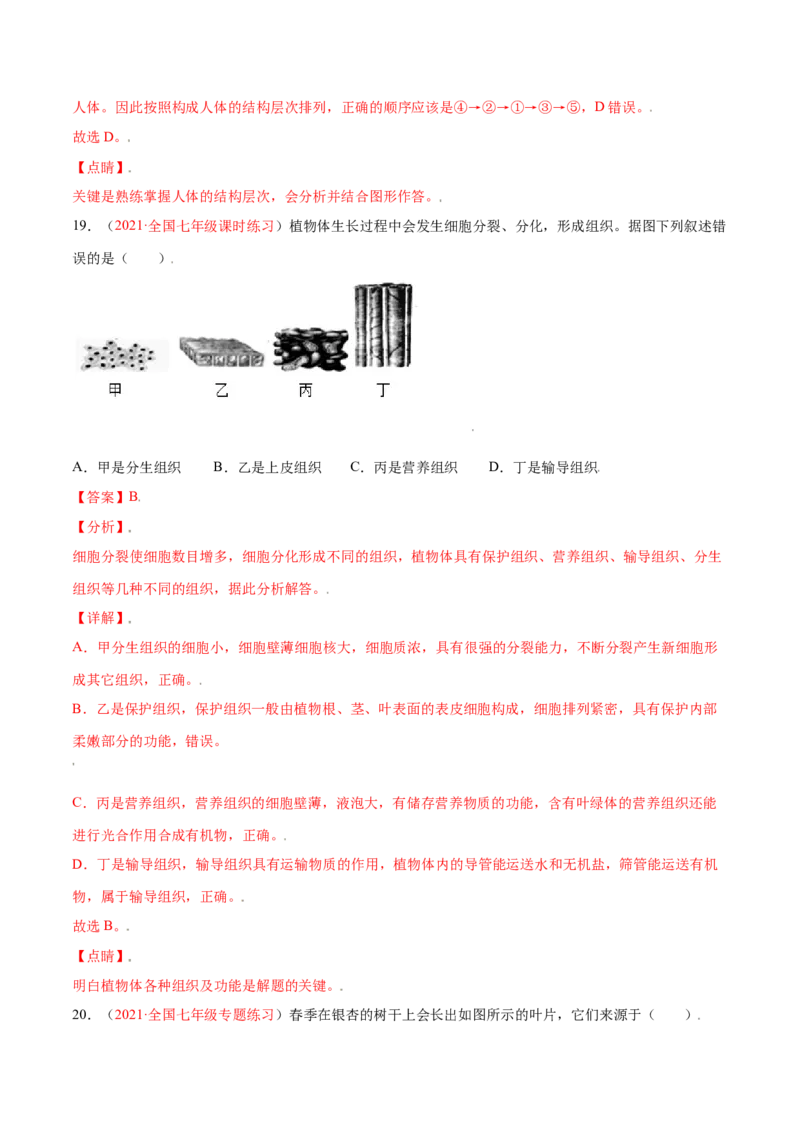 第02单元第02章细胞怎样构成生物体单元测试（B卷&middot;提升能力）（解析版）_初中全科电子版试卷练习试题_生物_生物人教版7上练习&mdash;24新版已更新_人教生物7年级上单元试卷36份