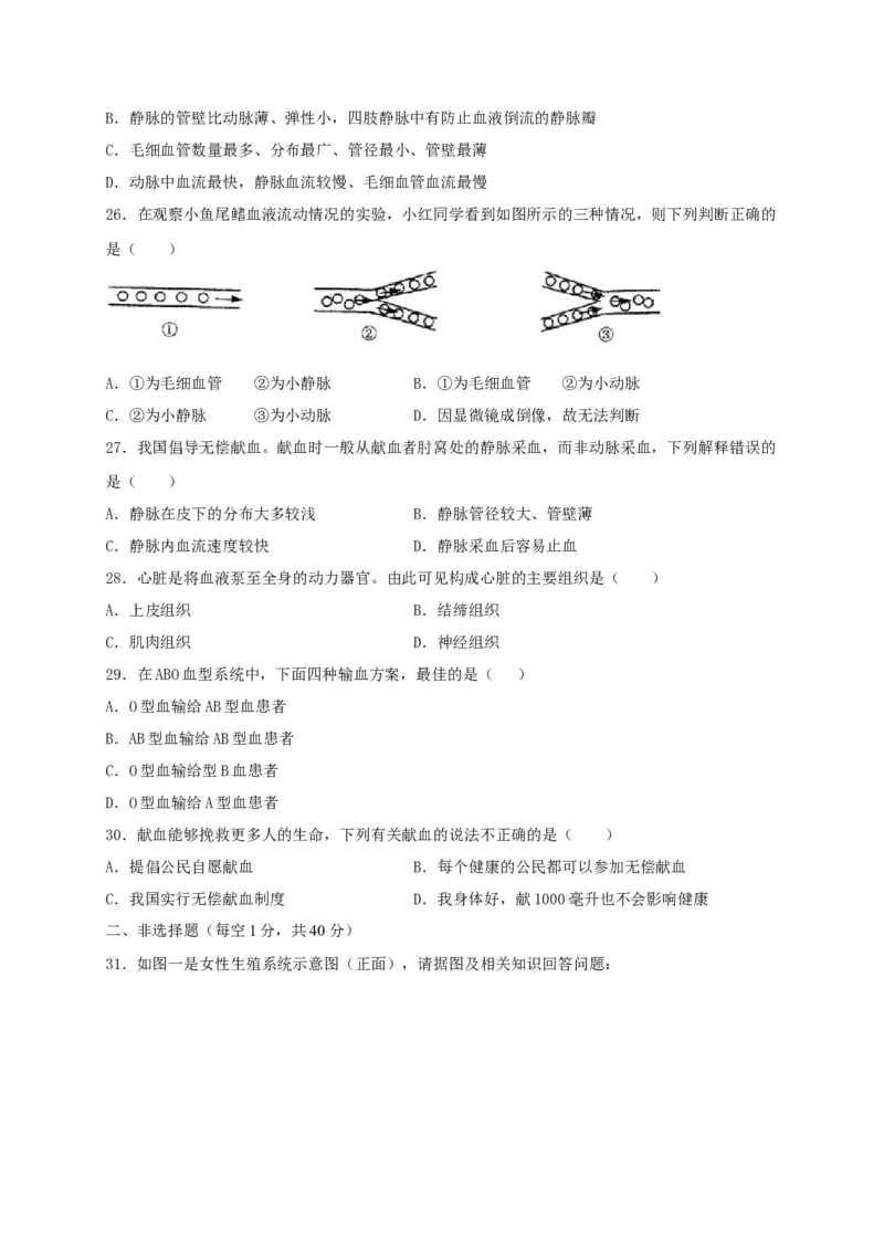 期中测试01-（原卷版）_初中全科电子版试卷练习试题_生物_生物人教版7下练习_人教生物7年级下期中试卷07份