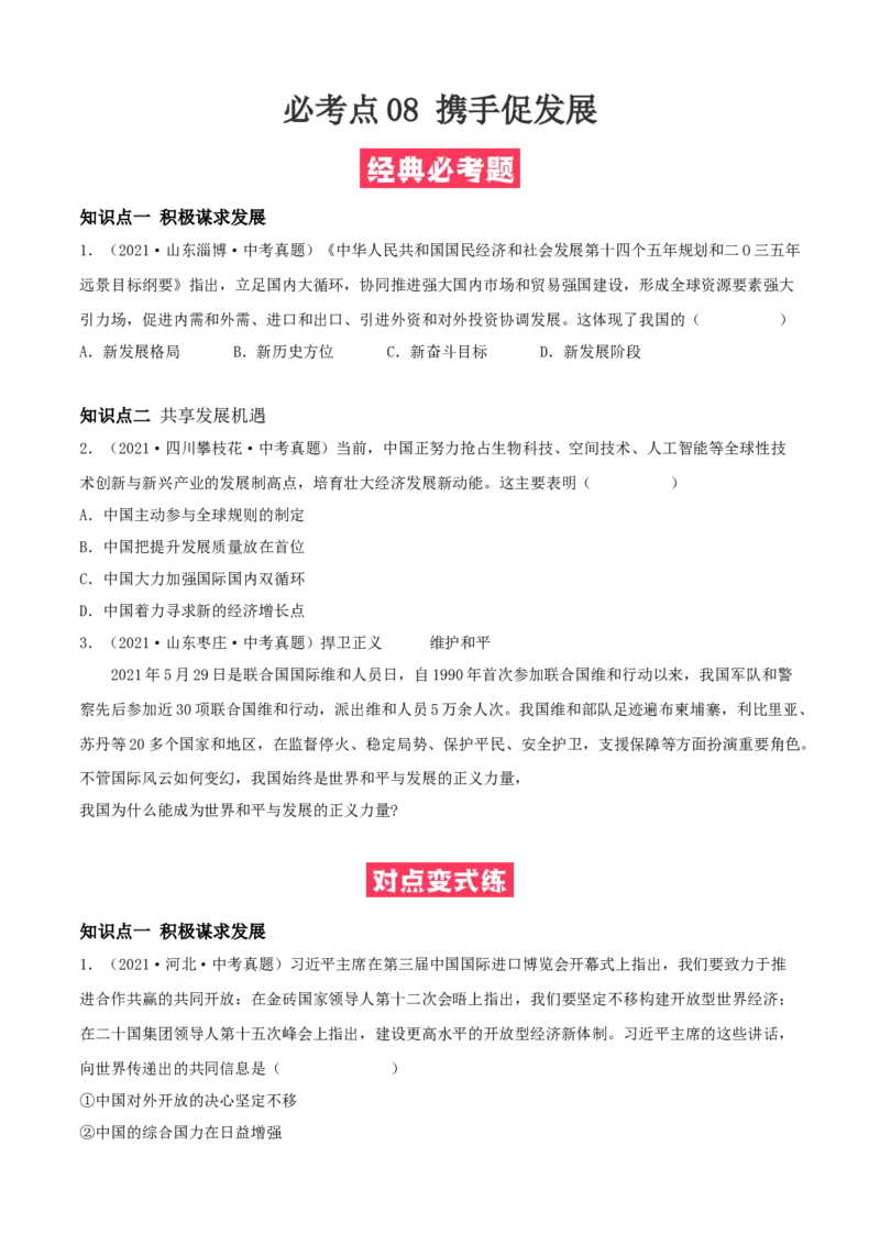 必考点08携手促发展（原卷版）_初中全科电子版试卷练习试题_政治_道法人教部编9下试卷_部编道法9年级下专项练习14份
