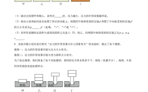 实验题02压力压强实验（含答案详解）_初中全科电子版试卷练习试题_物理_8年级下册物理试题_人教版物理八年级下专项练习（029份）