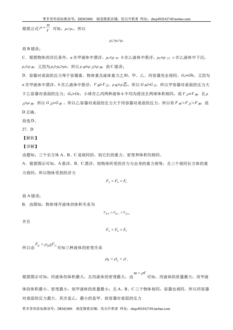 浮力中压力、压强、密度、体积大小的比较（含答案详解）_初中全科电子版试卷练习试题_物理_8年级下册物理试题_人教版物理八年级下专项练习（029份）