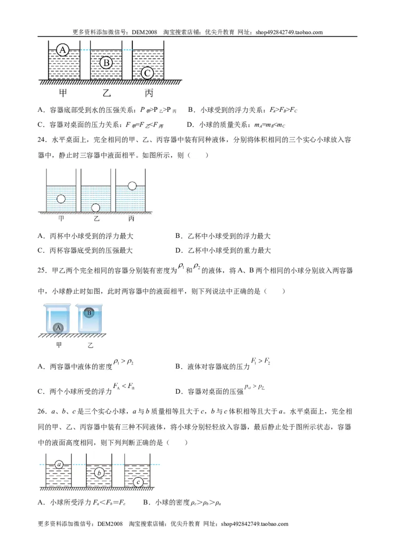 浮力中压力、压强、密度、体积大小的比较（含答案详解）_初中全科电子版试卷练习试题_物理_8年级下册物理试题_人教版物理八年级下专项练习（029份）