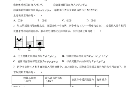 浮力中压力、压强、密度、体积大小的比较（含答案详解）_初中全科电子版试卷练习试题_物理_8年级下册物理试题_人教版物理八年级下专项练习（029份）