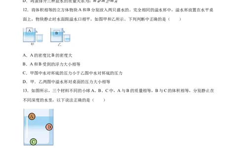 浮力中压力、压强、密度、体积大小的比较（含答案详解）_初中全科电子版试卷练习试题_物理_8年级下册物理试题_人教版物理八年级下专项练习（029份）