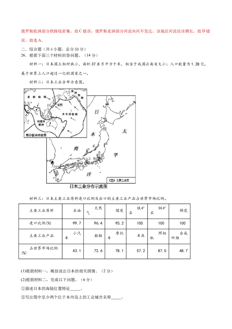 第七章我们邻近的地区和国家（单元测试）-七年级地理下册同步精品课堂（人教版）_初中全科电子版试卷练习试题_地理_人教地理7下试题试卷_人教地理7年级下单元测试19份