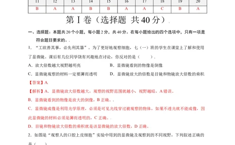 第2单元（第1章）细胞是生命活动的基本单位（选拔卷）（人教版）（解析版）_初中全科电子版试卷练习试题_生物_生物人教版7上练习&mdash;24新版已更新