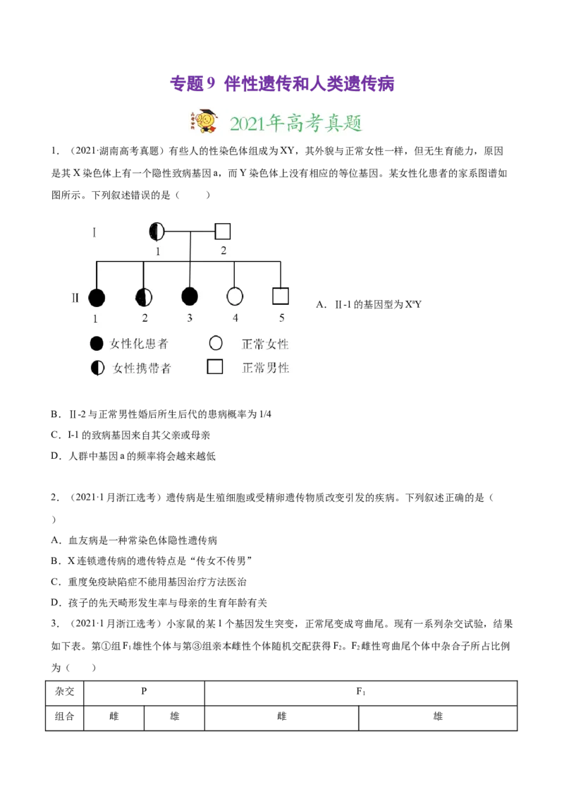 专题9伴性遗传和人类遗传病-2021年高考真题和模拟题生物分项汇编（原卷版）_新高考复习资料_2022年新高考复习资料_2021年高考真题和模拟题生物分项汇编7.30更新