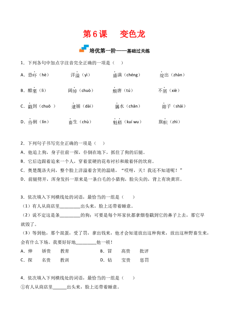 第6课《变色龙》-九年级语文下册课后培优分级练（部编版）（原卷版）_初中全科电子版试卷练习试题_语文_9下初中部编版语文练习、试卷_部编语文九年级下课时练习（072份）