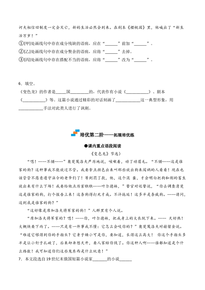 第6课《变色龙》-九年级语文下册课后培优分级练（部编版）（原卷版）_初中全科电子版试卷练习试题_语文_9下初中部编版语文练习、试卷_部编语文九年级下课时练习（072份）