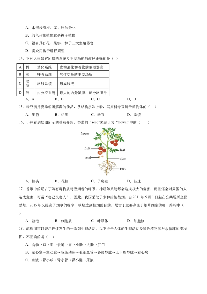 生物（海南卷）（考试版A4）_初中全科电子版试卷练习试题_生物_2024中考模拟题生物(1)_三模（37套）_生物（海南卷）