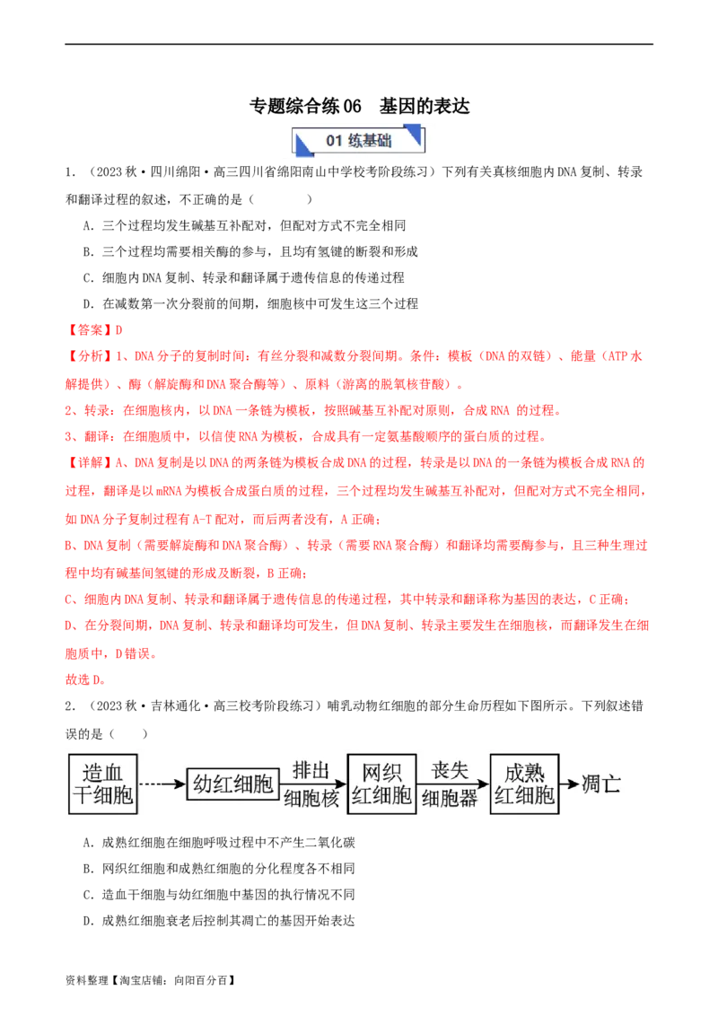 专题综合练06基因的表达(解析版)_新高考复习资料_2024年新高考复习资料_一轮复习资料_完备战2024年高考生物一轮复习考点帮（新高考）_必修2