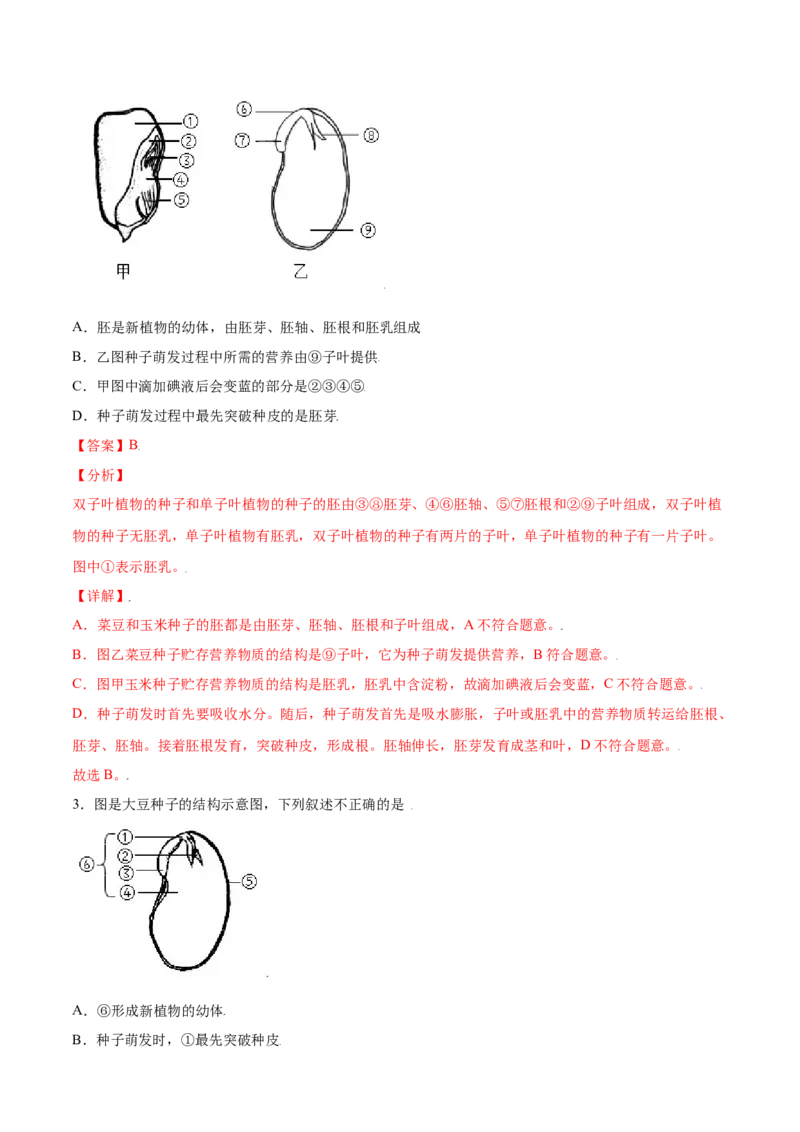 必考点16种子的萌发-（人教版）（解析版）_初中全科电子版试卷练习试题_生物_生物人教版7上练习&mdash;24新版已更新_人教生物7年级上专项练习28份