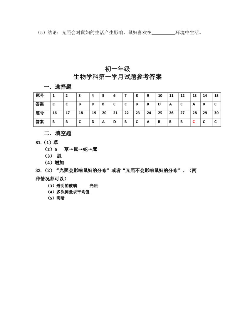 第一次月考试题2含答案_初中全科电子版试卷练习试题_生物_生物人教版7上练习&mdash;24新版已更新_人教生物7年级上月考试卷04份