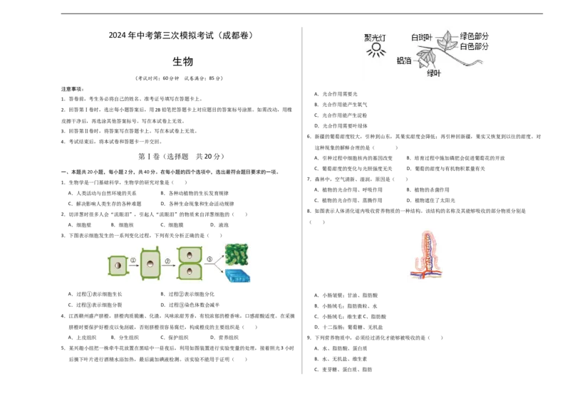 生物（四川成都卷）（考试版A3）_初中全科电子版试卷练习试题_生物_2024中考模拟题生物(1)_三模（37套）_生物（四川成都卷）