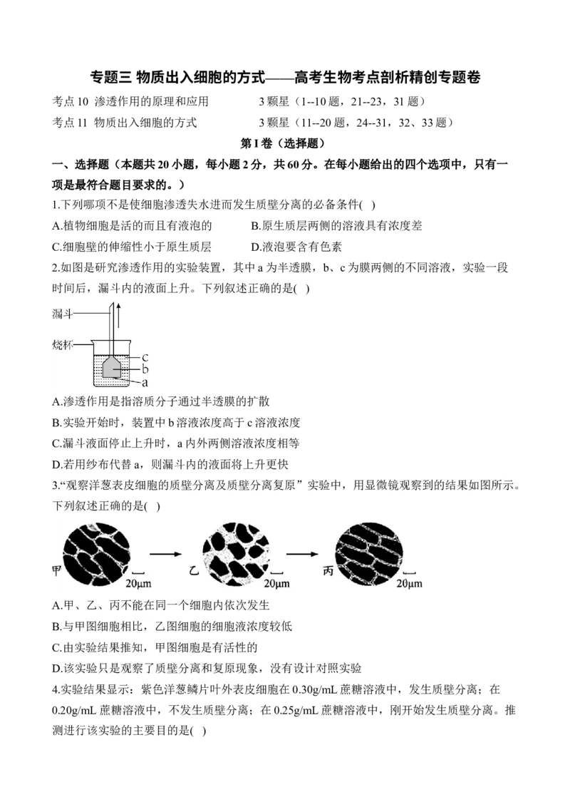 专题三物质出入细胞的方式&mdash;&mdash;2025届高考生物考点剖析（含解析）_2025年新高考资料_一轮复习_2025届高考生物一轮复习考点剖析练习（有解析）