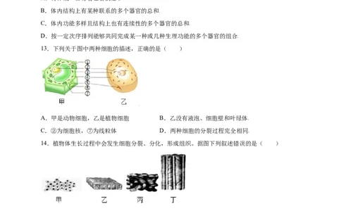 第2单元（第2章）细胞怎样构成生物体（选拔卷）（人教版）（原卷版）_初中全科电子版试卷练习试题_生物_生物人教版7上练习&mdash;24新版已更新_人教生物7年级上单元试卷36份