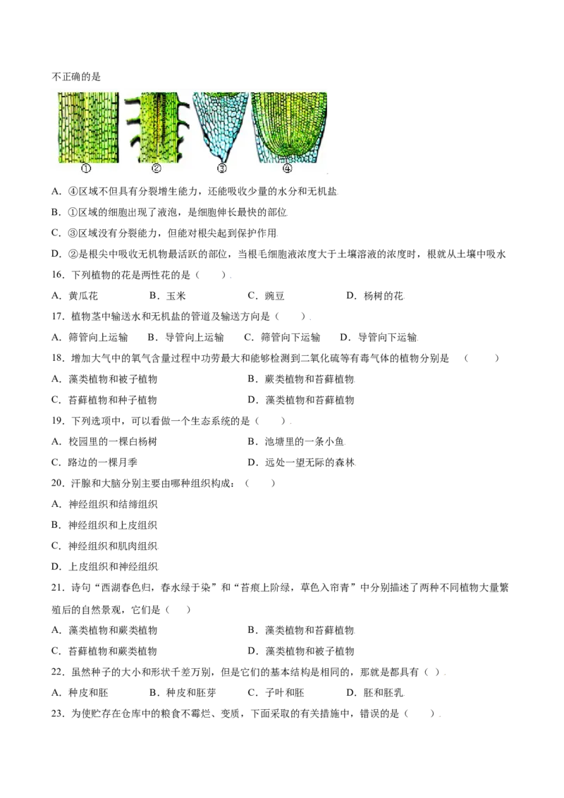 期末冲刺卷（二）-（人教版）（原卷版）_初中全科电子版试卷练习试题_生物_生物人教版7上练习&mdash;24新版已更新_人教生物7年级上期末试卷11份