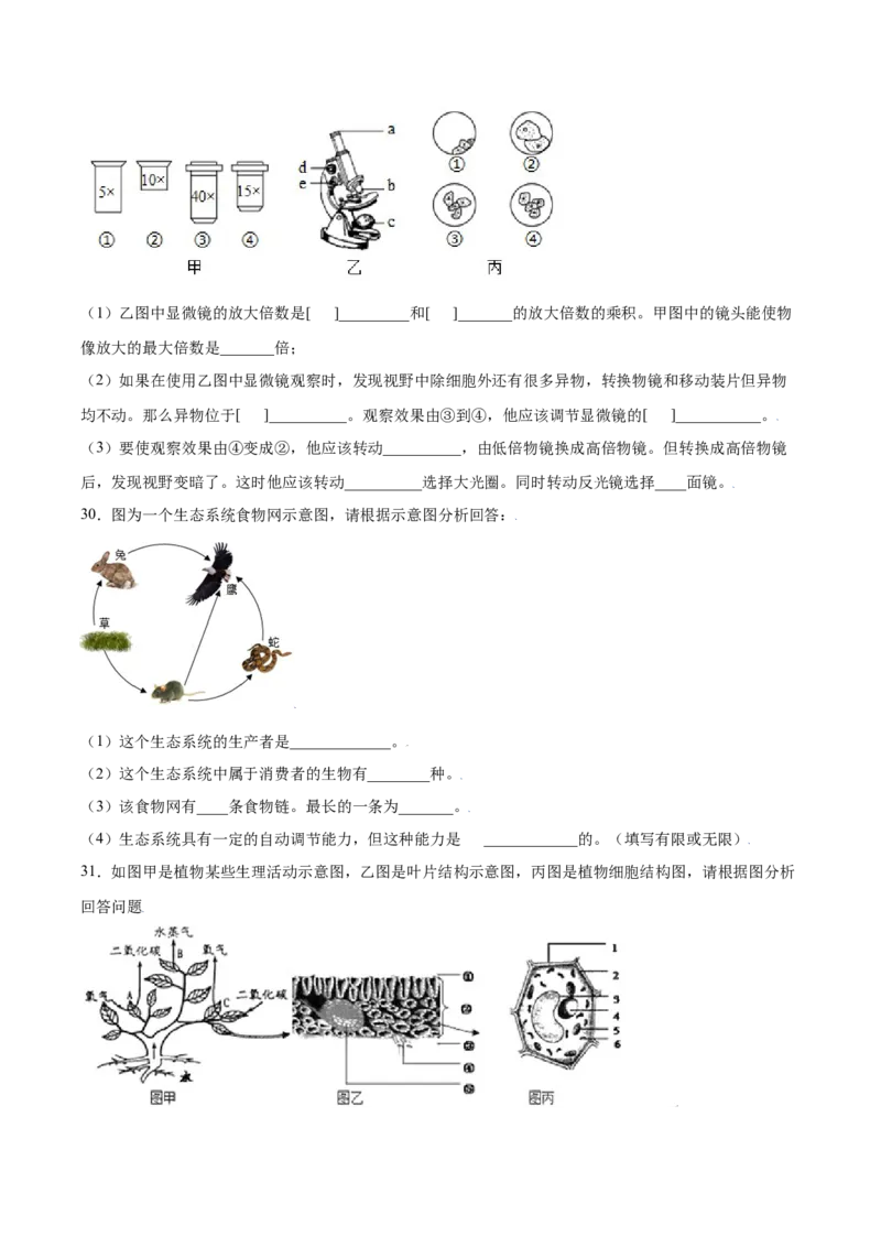 期末冲刺卷（二）-（人教版）（原卷版）_初中全科电子版试卷练习试题_生物_生物人教版7上练习&mdash;24新版已更新_人教生物7年级上期末试卷11份