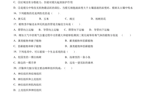 期末冲刺卷（二）-（人教版）（原卷版）_初中全科电子版试卷练习试题_生物_生物人教版7上练习&mdash;24新版已更新_人教生物7年级上期末试卷11份