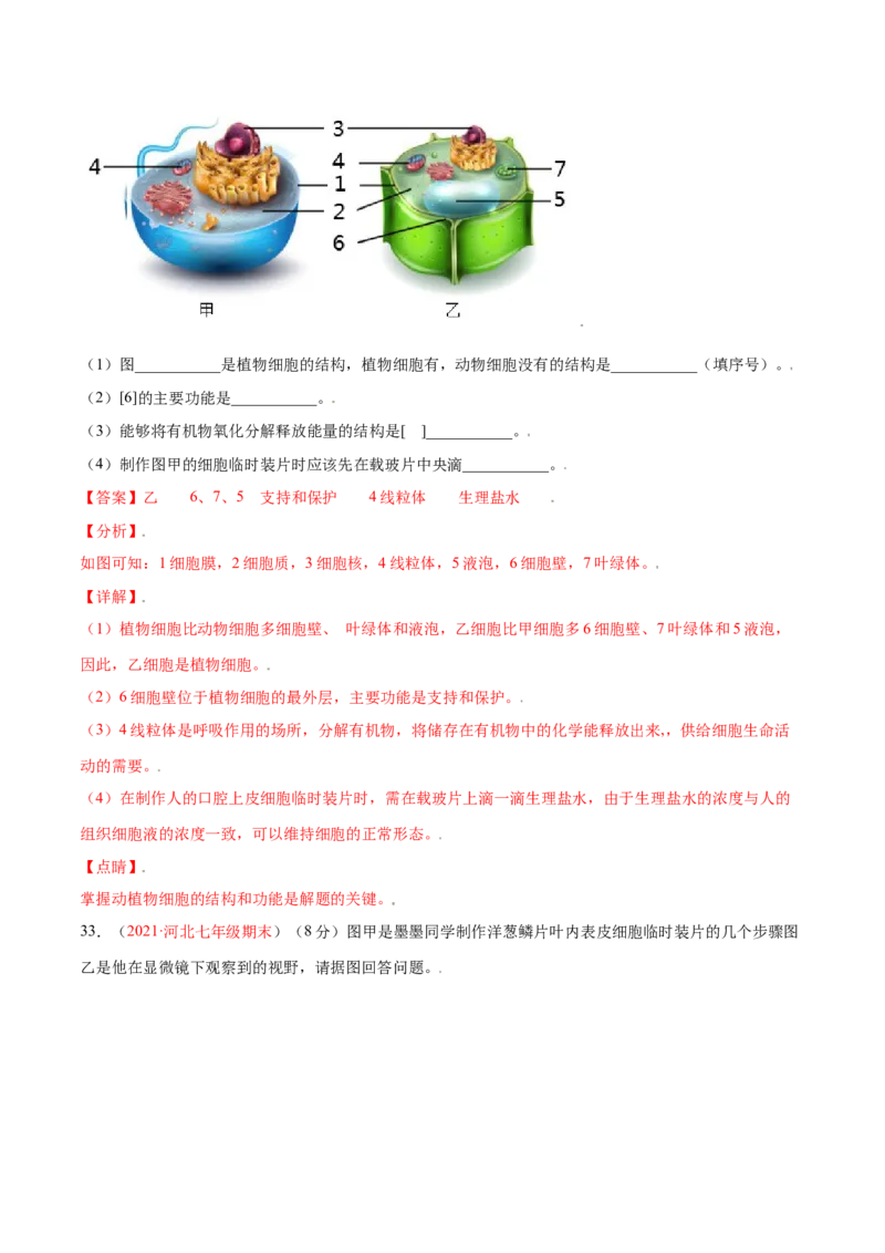 第02单元第01章细胞是生命活动的基本单位单元测试（B卷&middot;提升能力）（解析版）_初中全科电子版试卷练习试题_生物_生物人教版7上练习&mdash;24新版已更新