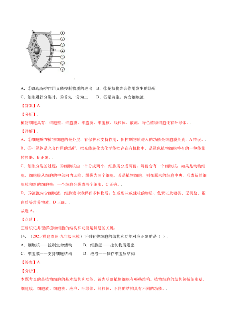 第02单元第01章细胞是生命活动的基本单位单元测试（B卷&middot;提升能力）（解析版）_初中全科电子版试卷练习试题_生物_生物人教版7上练习&mdash;24新版已更新