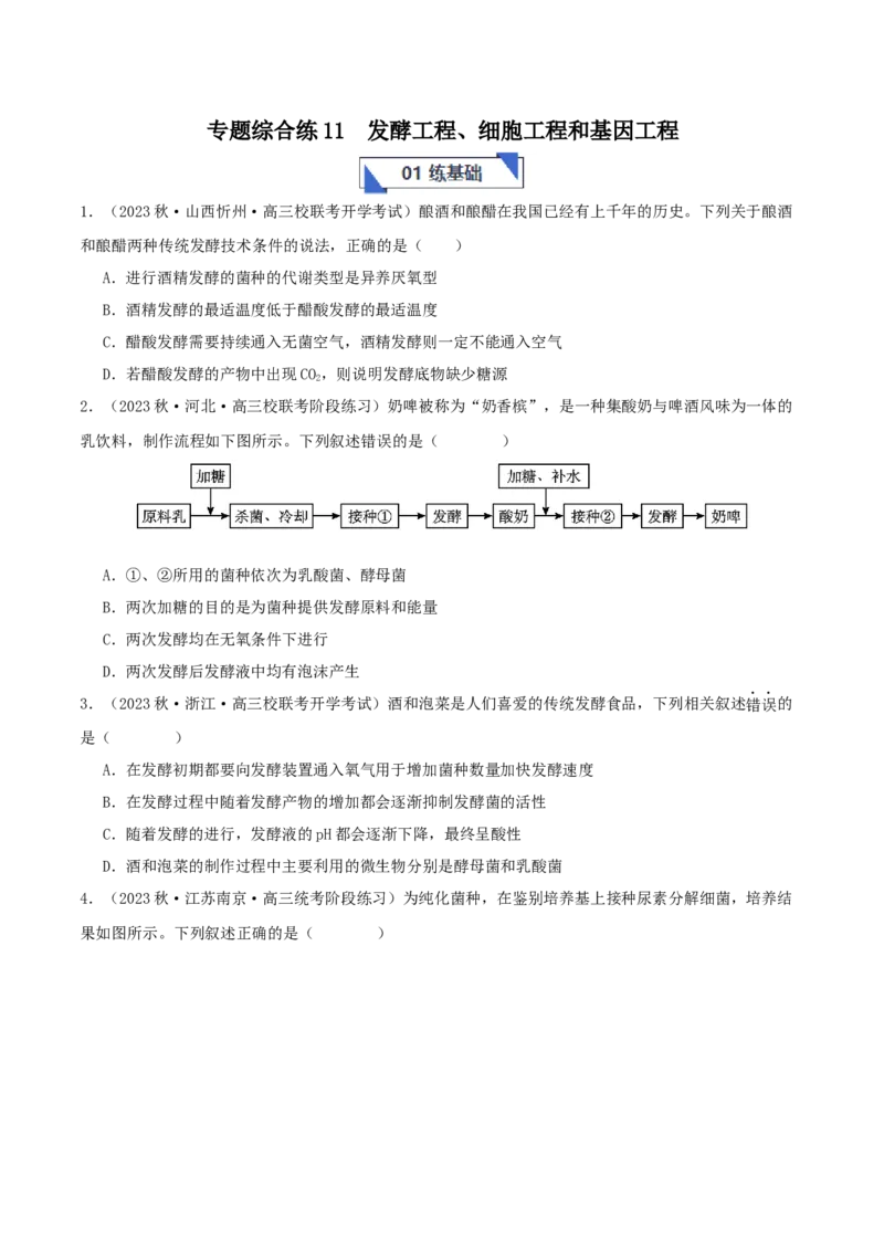 专题综合练11发酵工程、细胞工程和基因工程(原卷版)_新高考复习资料_2024年新高考复习资料_一轮复习资料_完备战2024年高考生物一轮复习考点帮（新高考）_选择性必修3