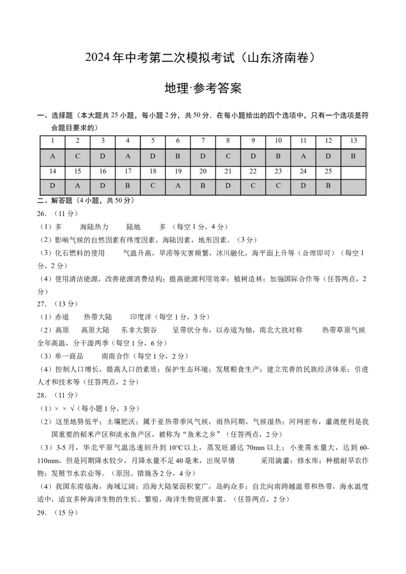 地理（山东济南卷）（参考答案及评分标准）_初中全科电子版试卷练习试题_地理_2024中考模拟题地理(1)_二模_地理（山东济南卷）-：2024年中考第二次模拟考试