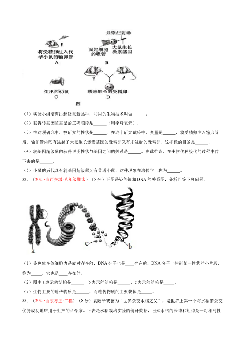 第07单元第02章生物的遗传与变异单元测试（A卷&middot;夯实基础）（原卷版）_初中全科电子版试卷练习试题_生物_生物8下练习_人教生物8年级下单元试卷38份