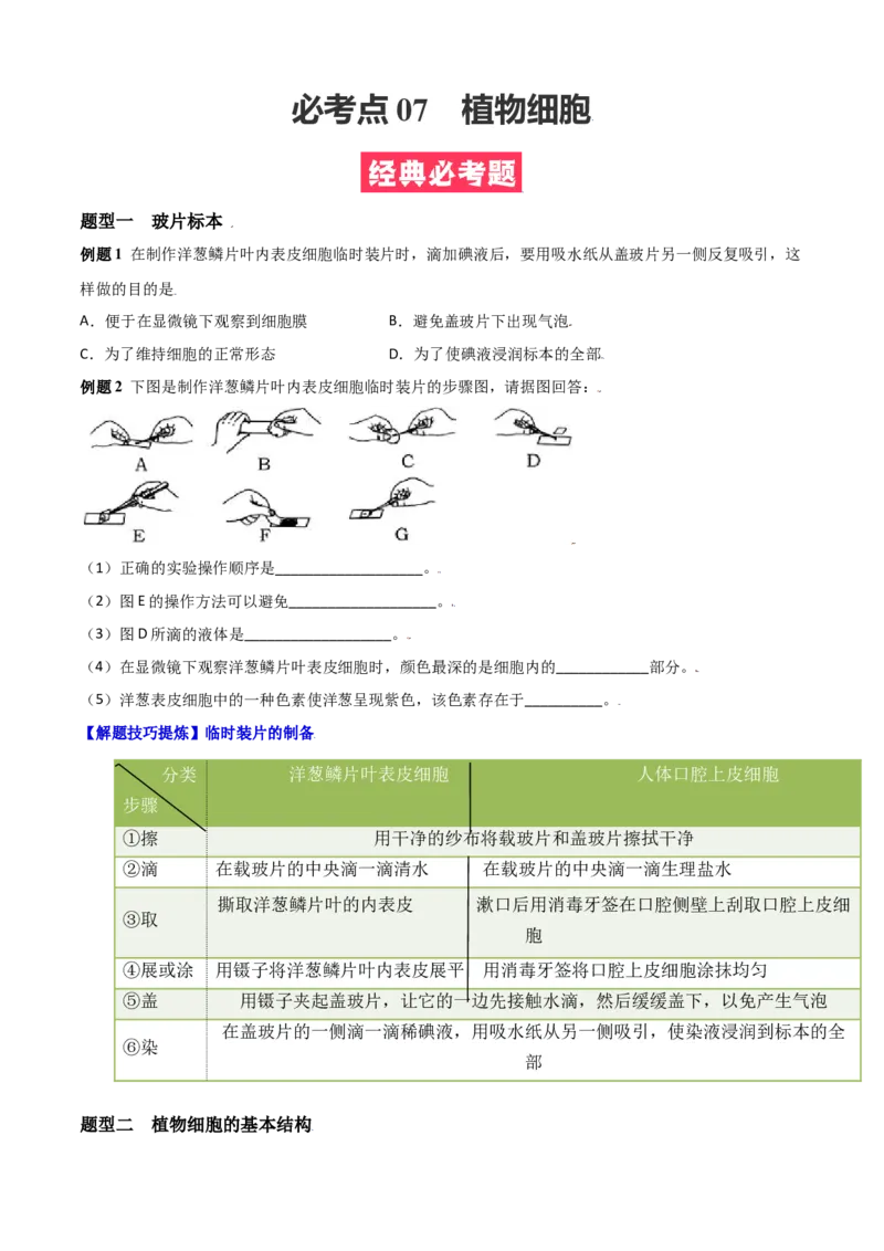 必考点07植物细胞-（人教版）（原卷版）_初中全科电子版试卷练习试题_生物_生物人教版7上练习&mdash;24新版已更新_人教生物7年级上专项练习28份