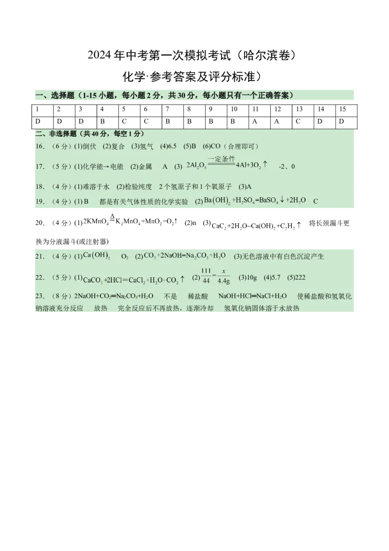 化学（哈尔滨卷）（参考答案及评分标准）_初中全科电子版试卷练习试题_化学_2024中考模拟题化学(1)_一模_化学（哈尔滨卷）-2024年中考第一次模拟考试