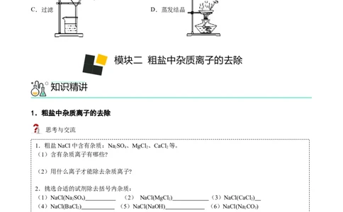 第11讲粗盐中难溶性杂质的去除（原卷版）_初中全科电子版试卷练习试题_化学_9年级上下册化学试题_9年级下试题_人教化学九年级下专项练习（013份）
