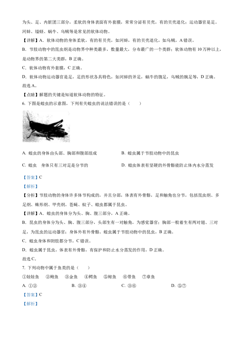 八年级上学期期中生物试题04（解析版）_初中全科电子版试卷练习试题_生物_生物8上练习_人教生物8年级上期中试卷08份