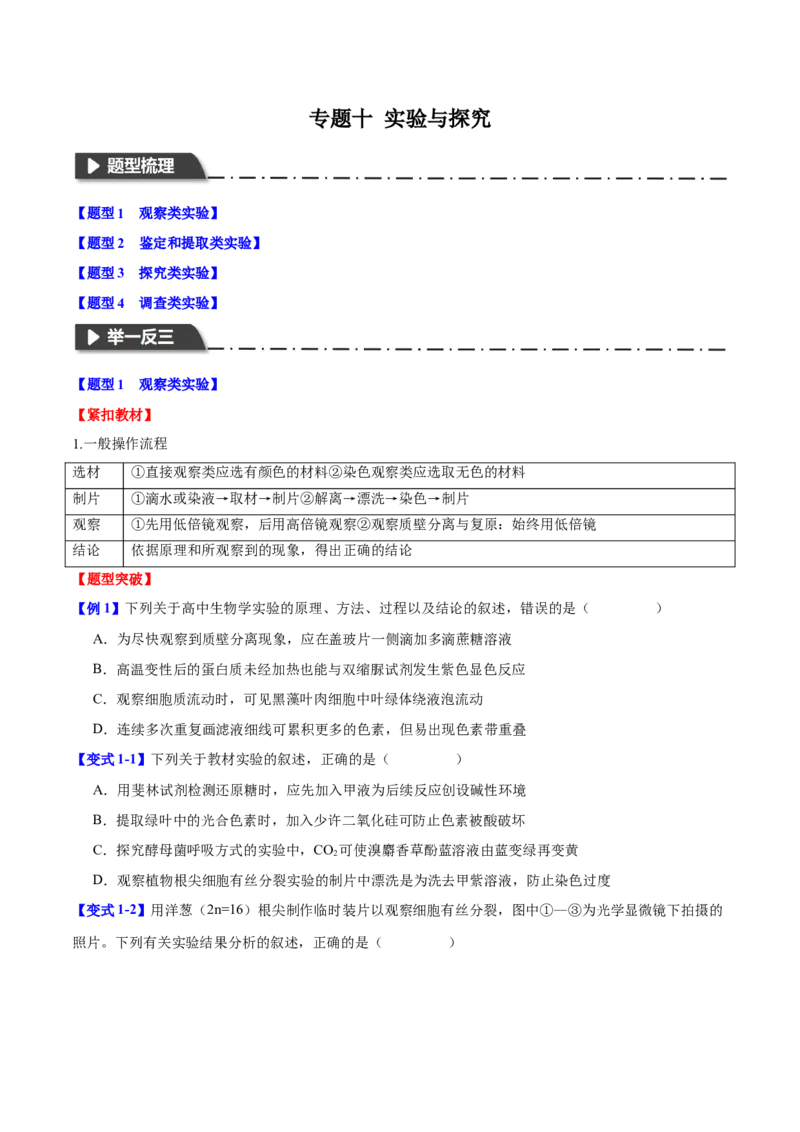 专题十实验与探究（原卷版）_2025年新高考资料_二轮复习_01高考语文等多个文件_举一反三2025年高考生物二轮重点专题讲义（新高考通用）