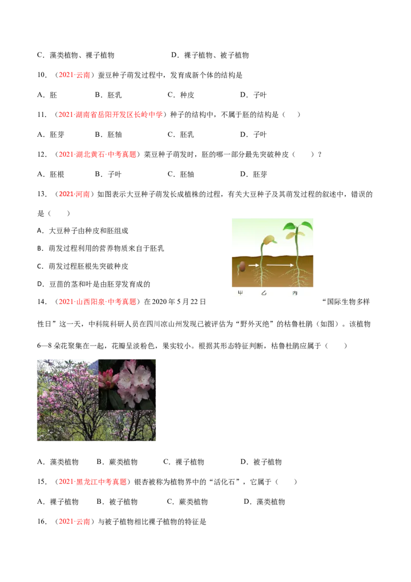 第03单元第01章生物圈中有哪些绿色植物、02章被子植物的一生单元测试（A卷劣实基础）（原卷版）_初中全科电子版试卷练习试题_生物_生物人教版7上练习&mdash;24新版已更新