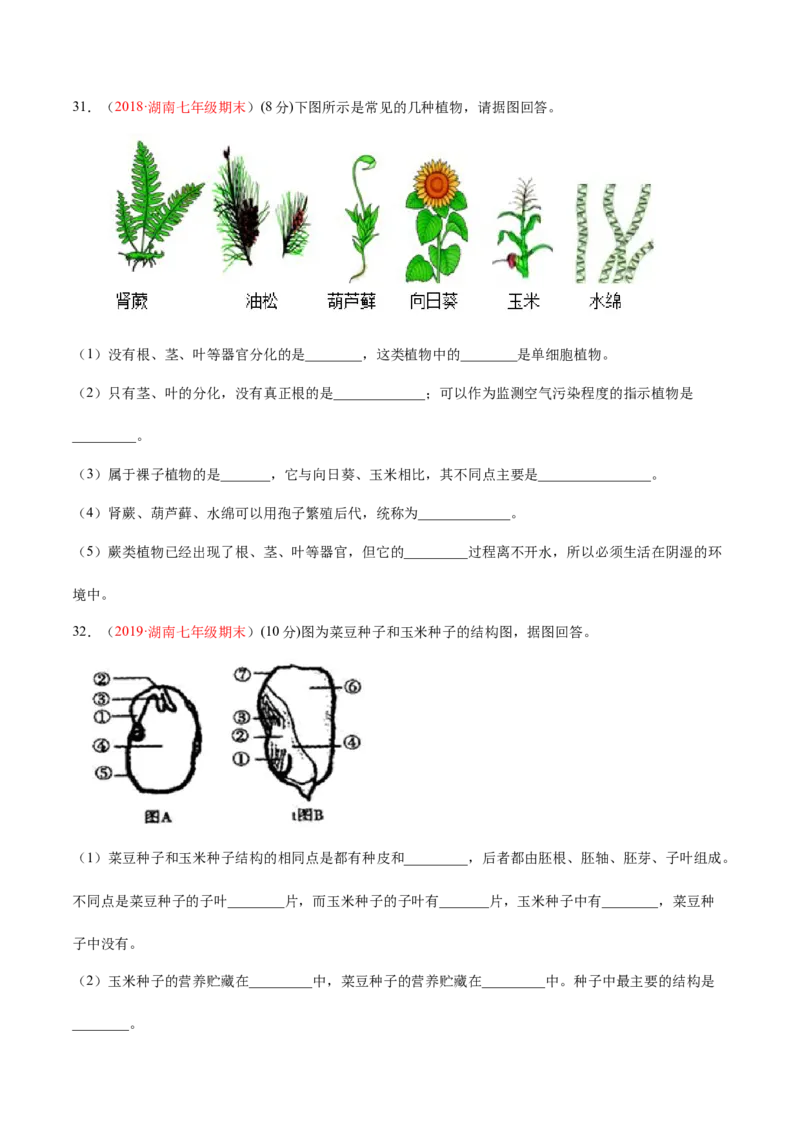 第03单元第01章生物圈中有哪些绿色植物、02章被子植物的一生单元测试（A卷劣实基础）（原卷版）_初中全科电子版试卷练习试题_生物_生物人教版7上练习&mdash;24新版已更新