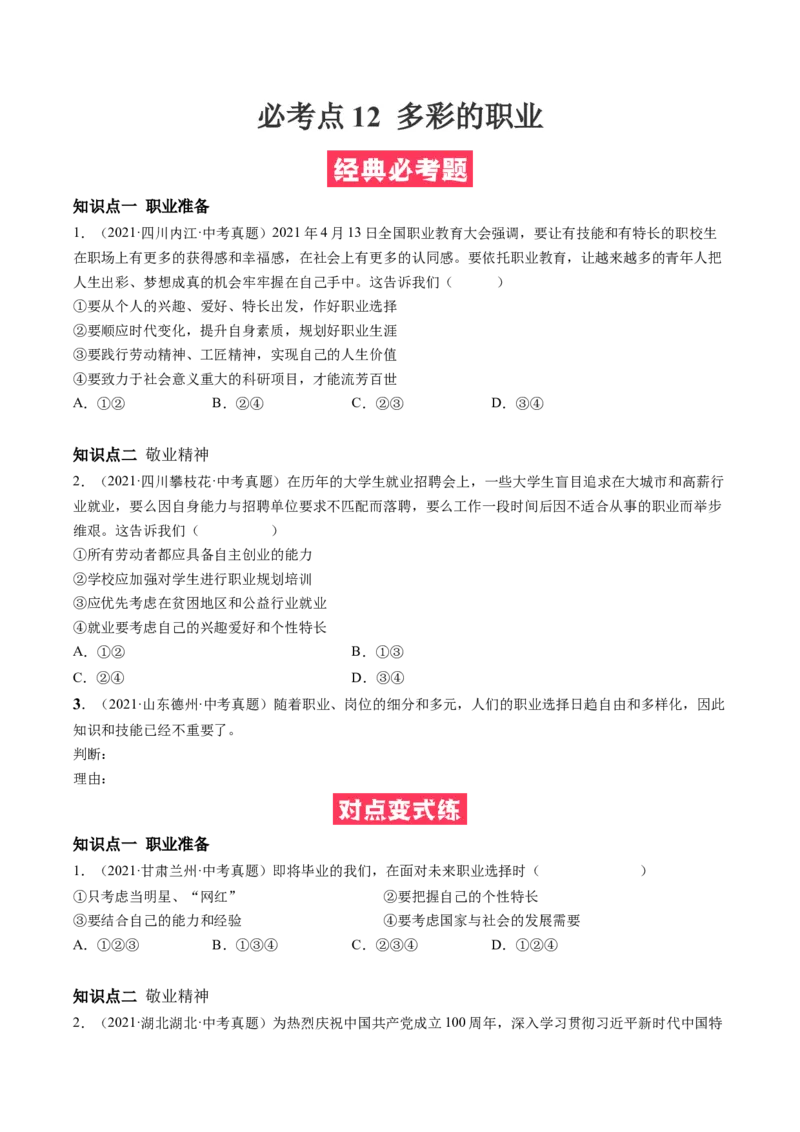 必考点12多彩的职业（原卷版）_初中全科电子版试卷练习试题_政治_道法人教部编9下试卷_部编道法9年级下专项练习14份