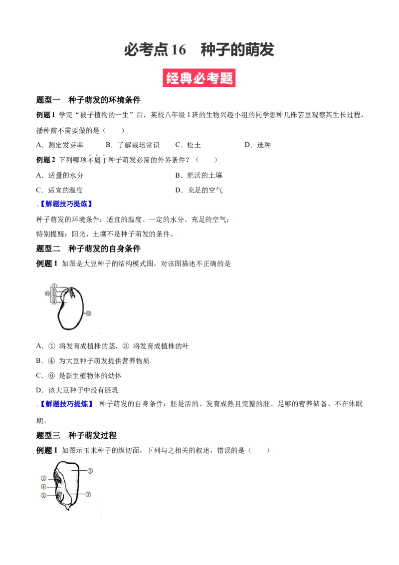 必考点16种子的萌发-（人教版）（原卷版）_初中全科电子版试卷练习试题_生物_生物人教版7上练习&mdash;24新版已更新_人教生物7年级上专项练习28份