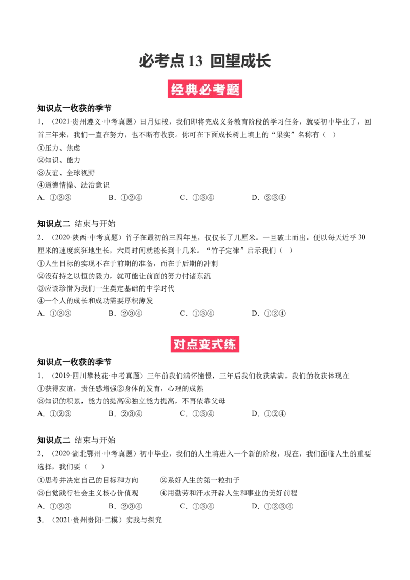 必考点13回望成长（原卷版）_初中全科电子版试卷练习试题_政治_道法人教部编9下试卷_部编道法9年级下专项练习14份