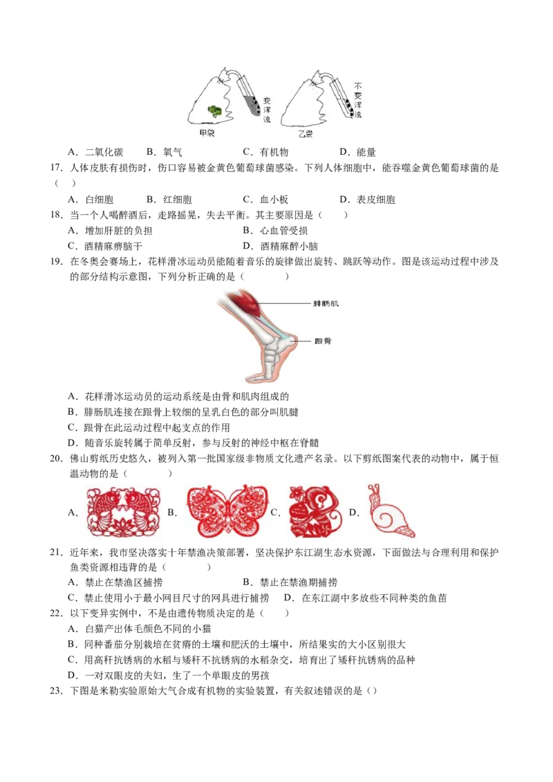生物（南京卷）（考试版A4）_初中全科电子版试卷练习试题_生物_2024中考模拟题生物(1)_二模_生物（南京卷）-：2024年中考第二次模拟考试