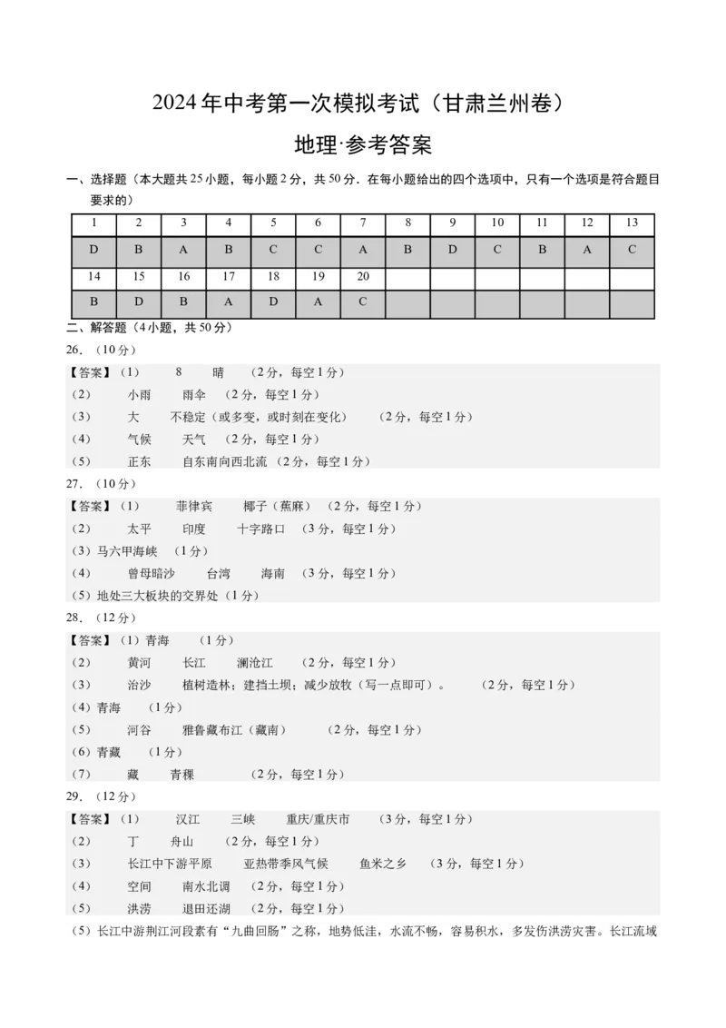 地理（甘肃兰州）（参考答案及评分标准）_初中全科电子版试卷练习试题_地理_2024中考模拟题地理(1)_一模_地理（甘肃兰州卷）-2024年中考第一次模拟考试