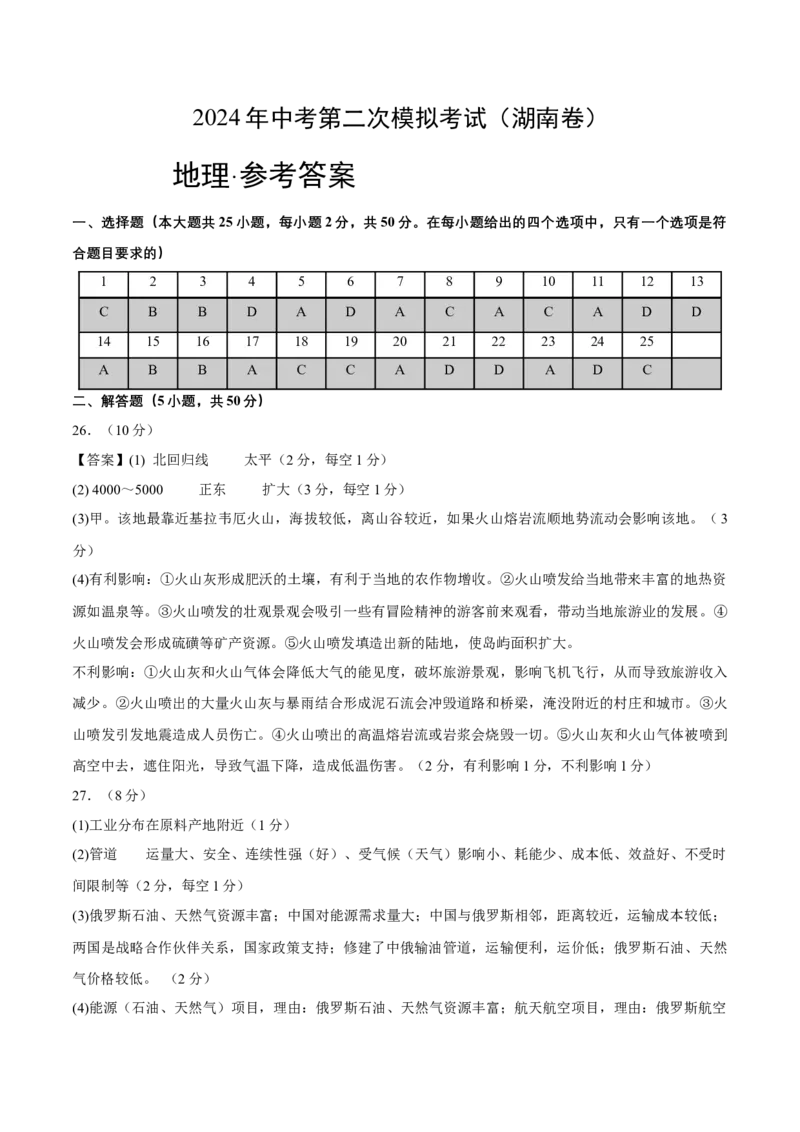 地理（湖南卷）（参考答案及评分标准）_初中全科电子版试卷练习试题_地理_2024中考模拟题地理(1)_二模_地理（湖南卷）-：2024年中考第二次模拟考试
